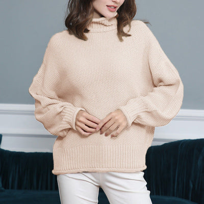 Long Sleeved High Collar Solid Color Knitted Sweater