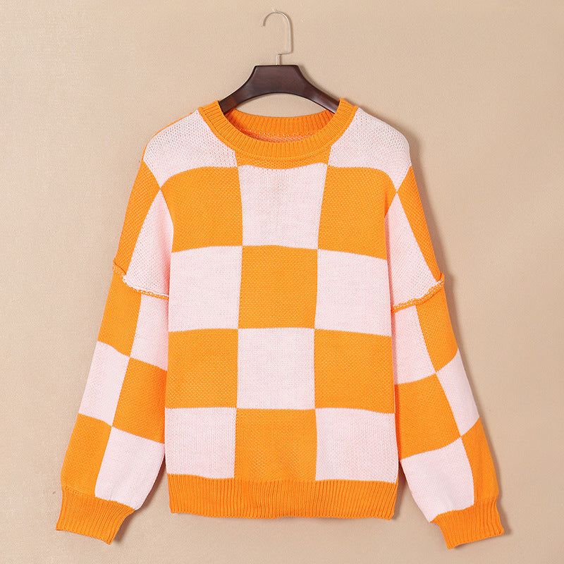 Women's Casual Style Plaid Contrast Color Sweater