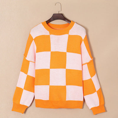 Women's Casual Style Plaid Contrast Color Sweater