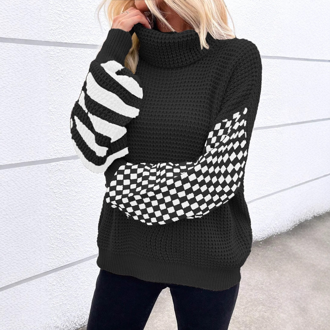 Checkered Striped Turtleneck Long Sleeve Sweater