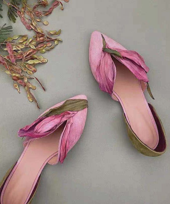 Handmade Pink Satins Flower Pointed Toe Flat Shoes