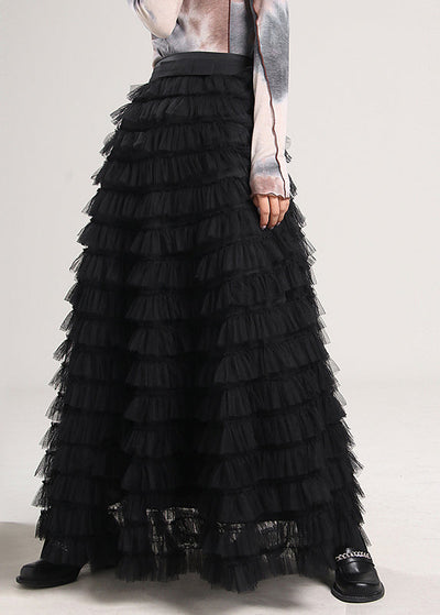 Plus Size Women Black Patchwork Tulle Skirt Spring