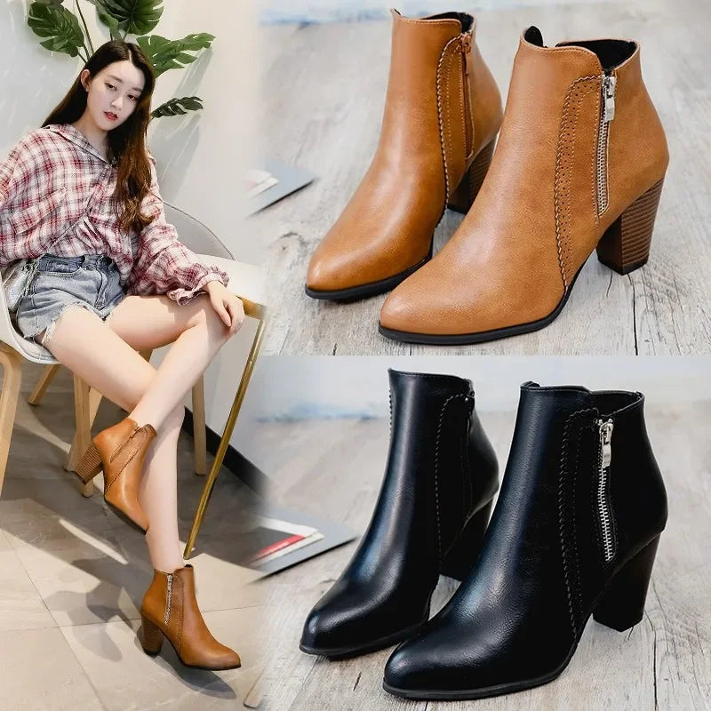 Luna Retro Chunky Heel Side Zipper Boots