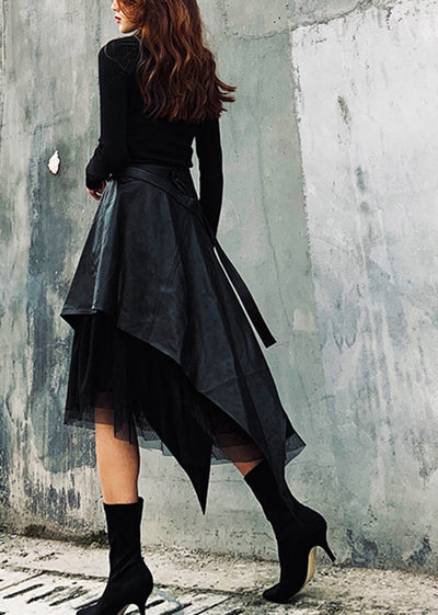 Style Black Asymmetrical Faux Leather Patchwork Tulle Skirt Spring