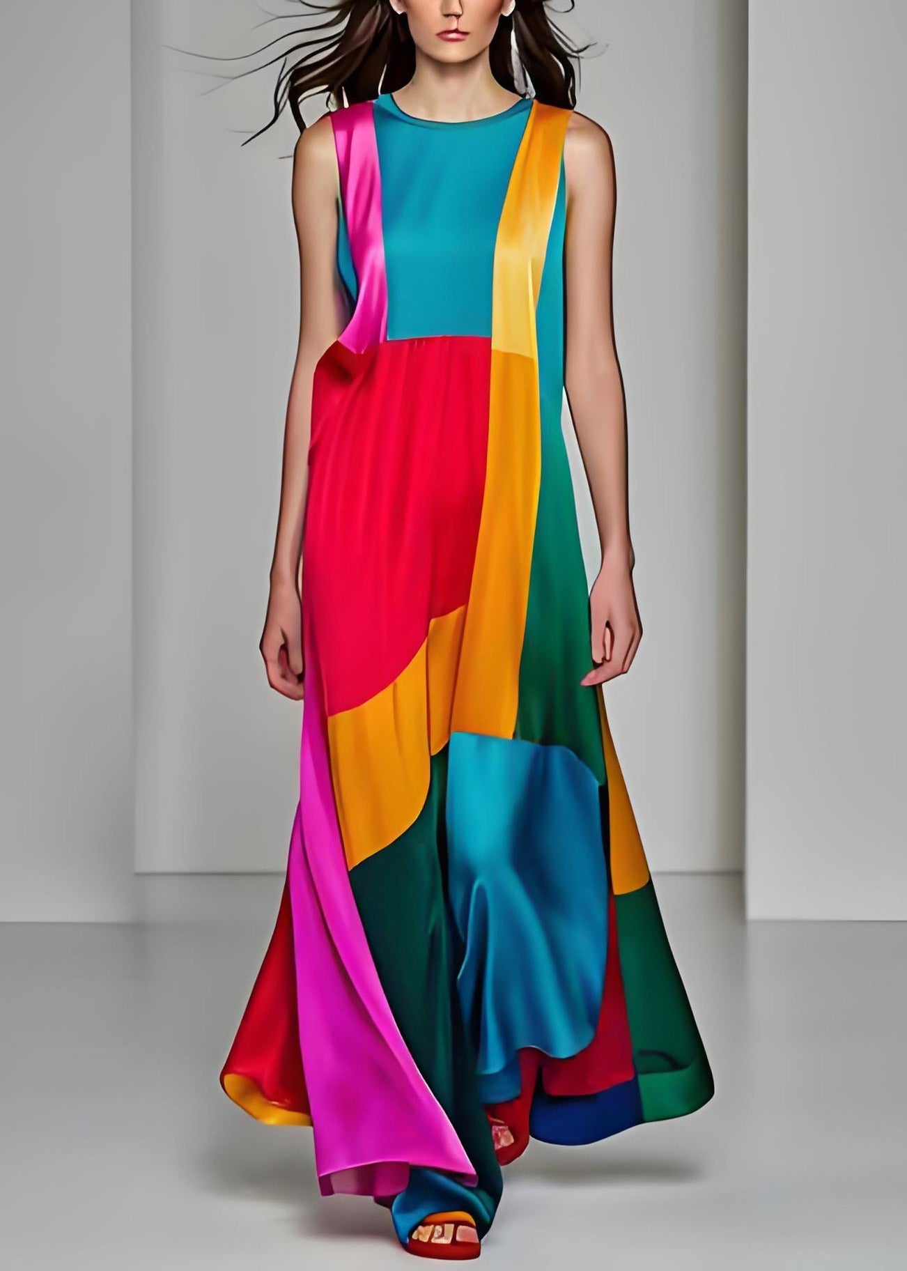 Style O Neck Patchwork Draping Silk Long Dresses Sleeveless