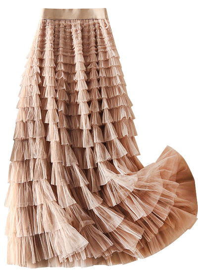 Unique Chocolate Apricot Patchwork wrinkled Tulle Skirts Spring