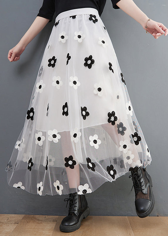 White Floral Embroideried Tulle Skirts High Waist Spring