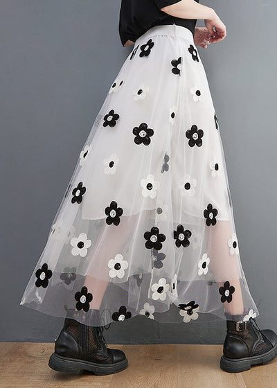 White Floral Embroideried Tulle Skirts High Waist Spring