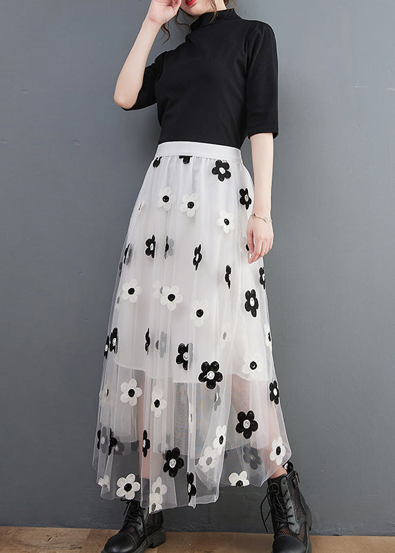 White Floral Embroideried Tulle Skirts High Waist Spring