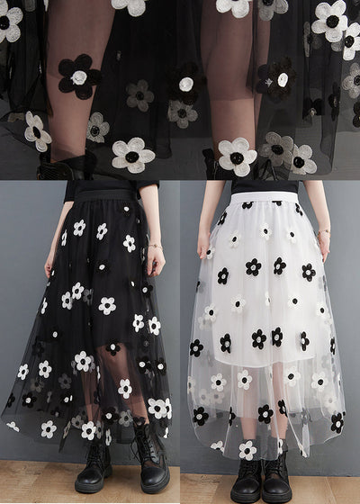 White Floral Embroideried Tulle Skirts High Waist Spring