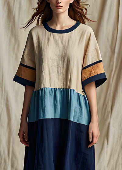 Women Colorblock O Neck Patchwork Cotton Dresses Summer