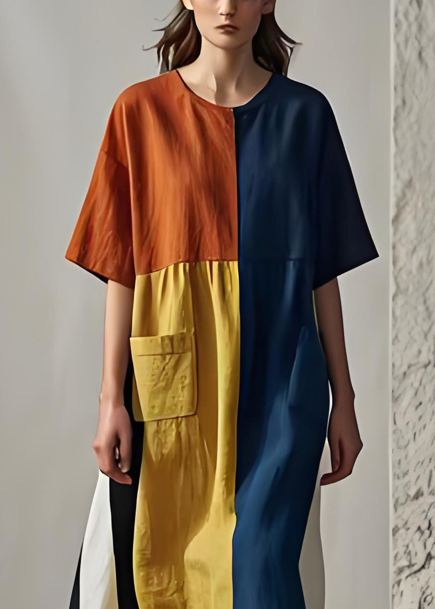 Women Colorblock O Neck Pockets Patchwork Cotton Dresses Summer