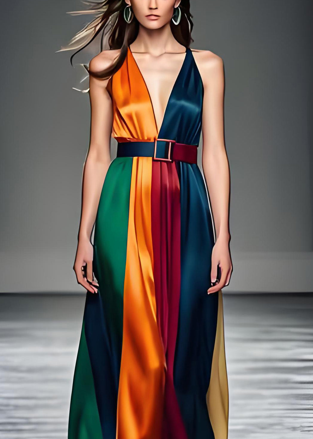 Women Colorblock V Neck Tie Waist Silk Long Dress Sleeveless