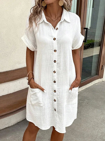 Loose Short Sleeves Buttoned Pockets Lapel Mini Dresses