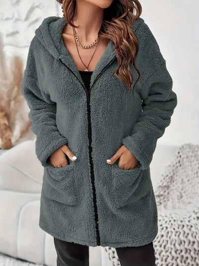 Women's Elegant Zipper Patch Pocket Long Sleeve Plush Hooded Coat