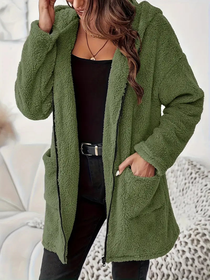 Women's Elegant Zipper Patch Pocket Long Sleeve Plush Hooded Coat