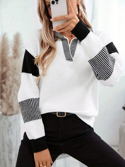 Women's Casual Knit Sweater with Color Block Stripes and Lapel Collar