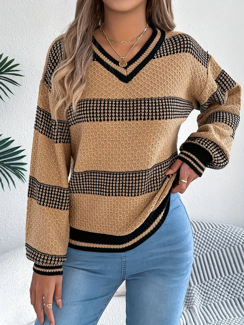 Women's Elegant Striped V-Neck Sweater