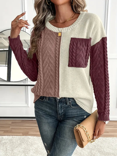 Chic Color Block Crew Neck Sweater for Women's