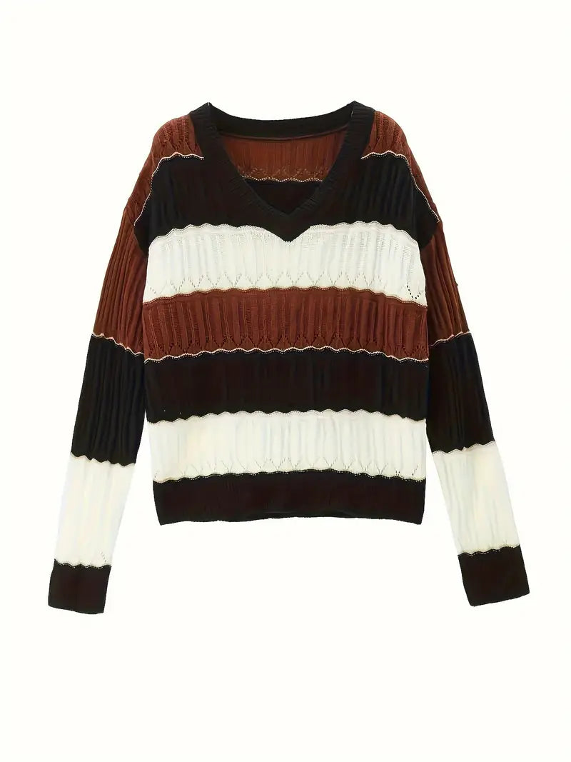 Elegant Striped V-Neck Sweater for Women's