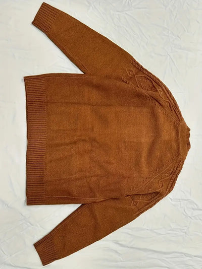 Elegant Brown Cable-Knit Cardigan with Decorative Buttons