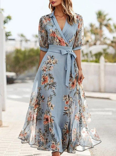 Blue V-Neck Short Sleeve Midi Dress