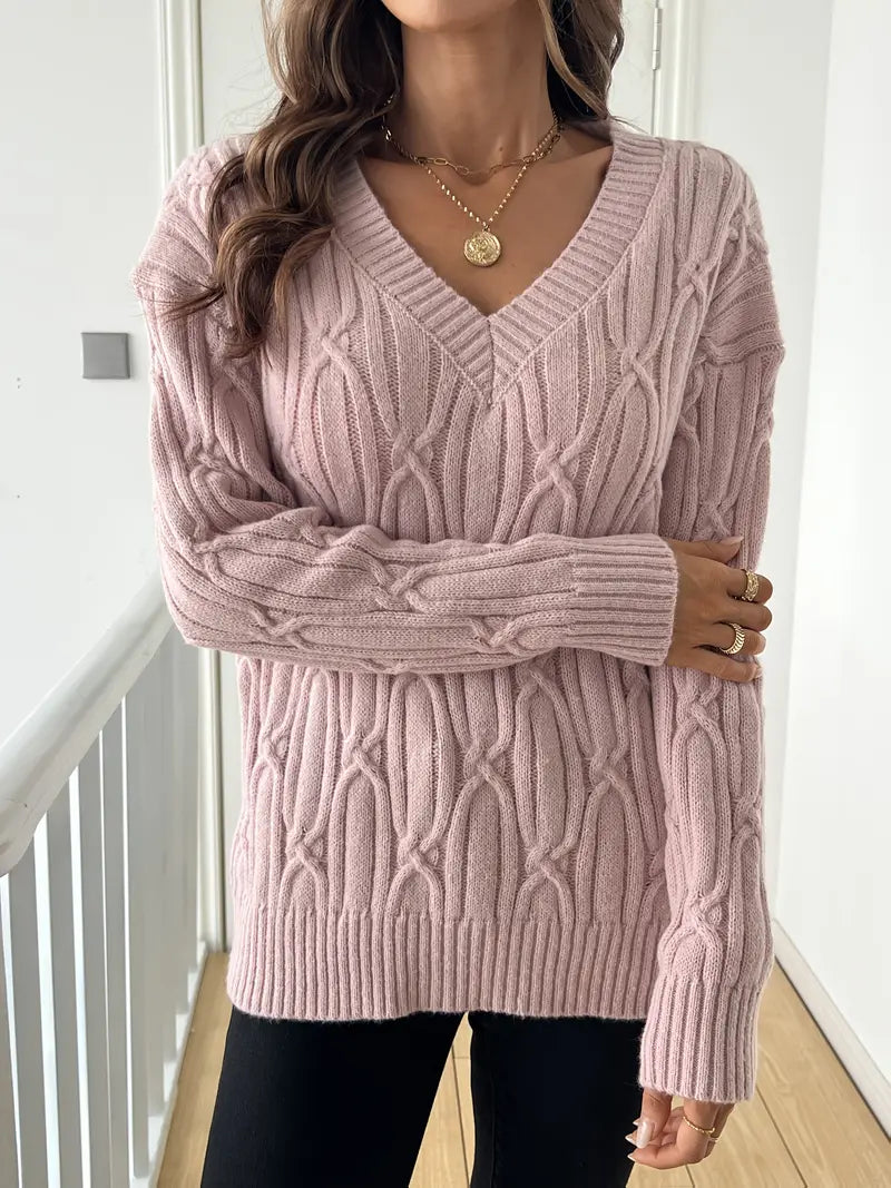 Plain V-neck Cable Knit Sweater for women's