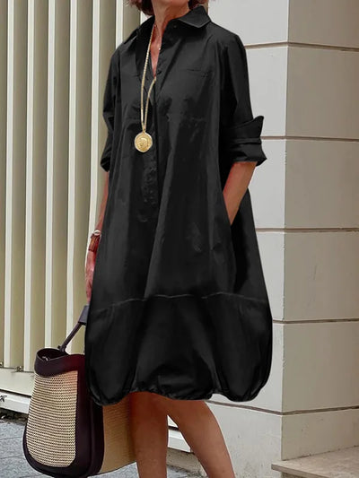 Long Sleeves Loose Solid Color Lapel Collar Midi Dresses Shirt Dress