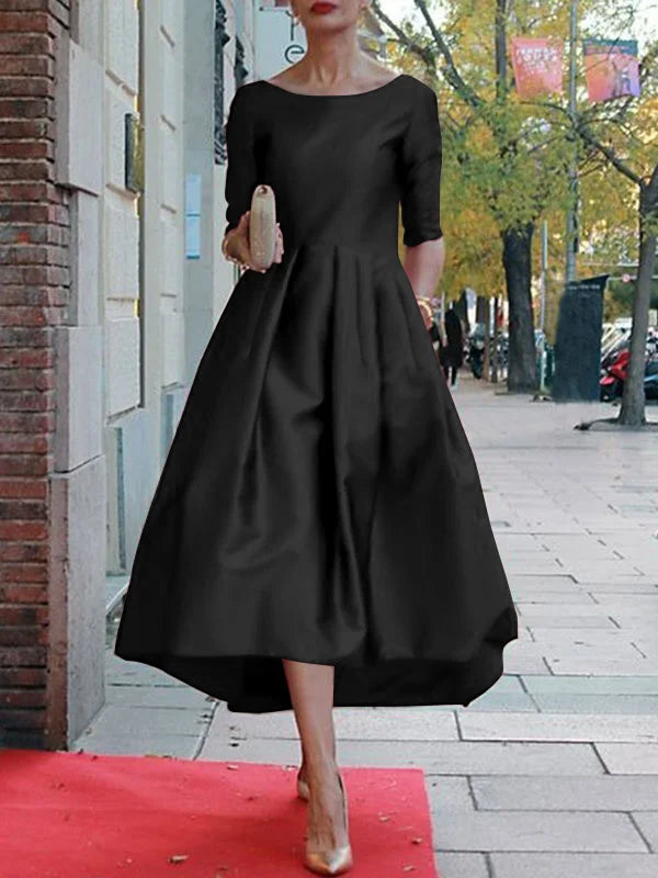 A-Line Loose Pleated Pockets Solid Color Split-Joint Round-Neck Midi Dresses