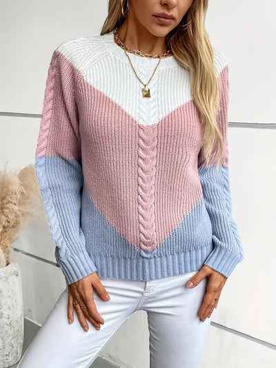 Chic Color Block Crew Neck Sweater for Women