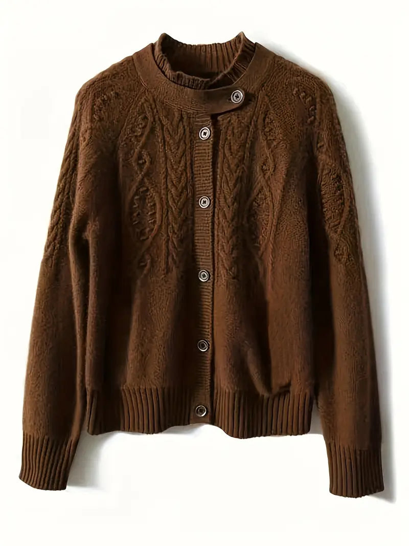 Elegant Brown Cable-Knit Cardigan with Decorative Buttons