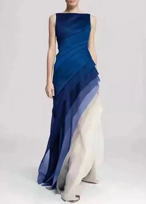 French Blue High Waist Patchwork Tulle Maxi Dresses Sleeveless