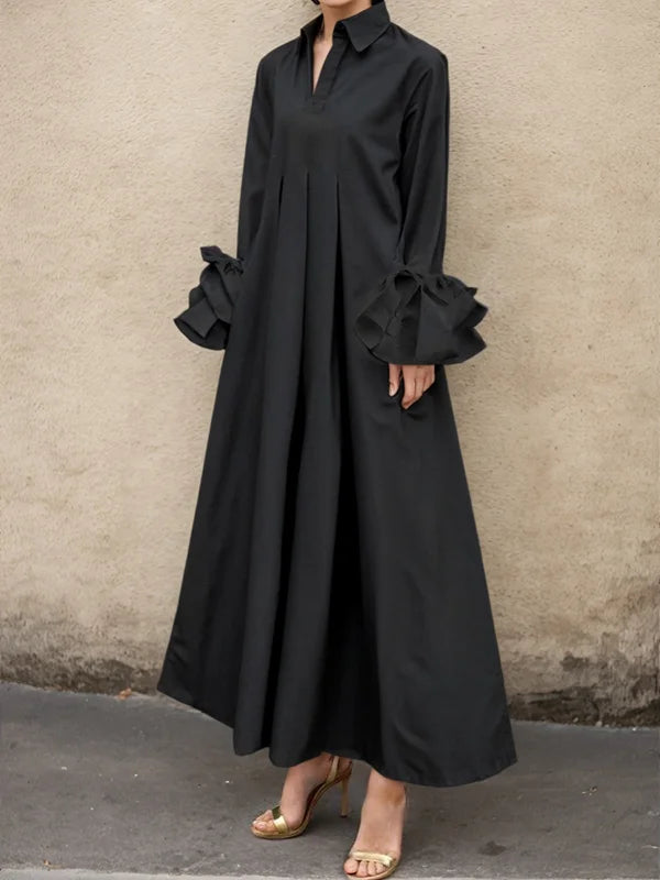 Flared Sleeves Pleated Solid Color Split-Joint Lapel Maxi Dresses Shirt Dress