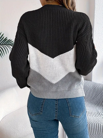 Elegant Two-Tone Crew Neck Sweater for Women's