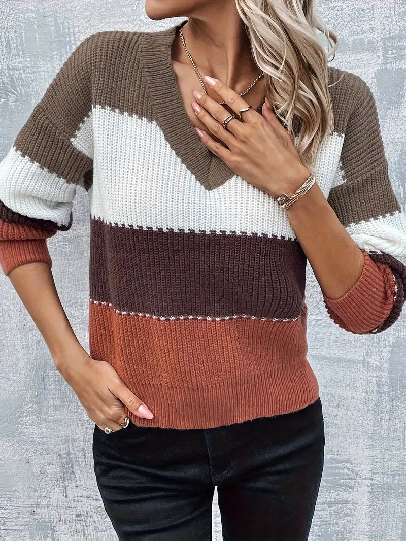 Women's Casual V-Neck Striped Pullover Sweater