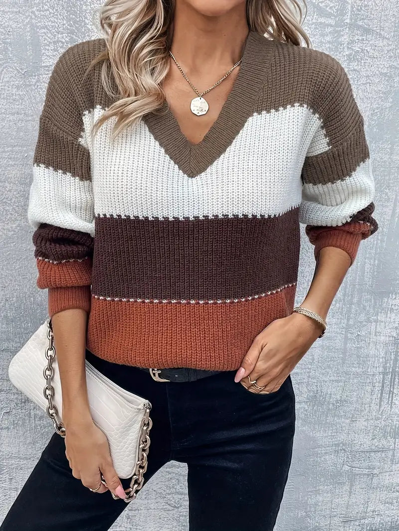 Women's Casual V-Neck Striped Pullover Sweater