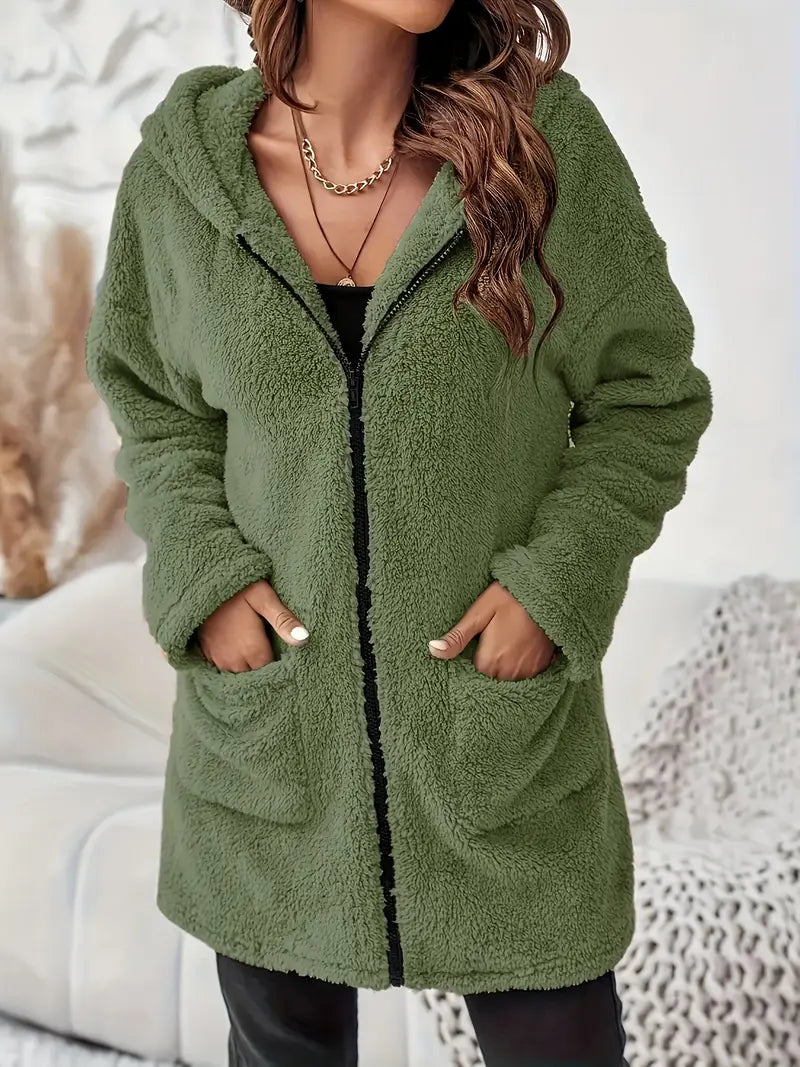 Women's Elegant Zipper Patch Pocket Long Sleeve Plush Hooded Coat