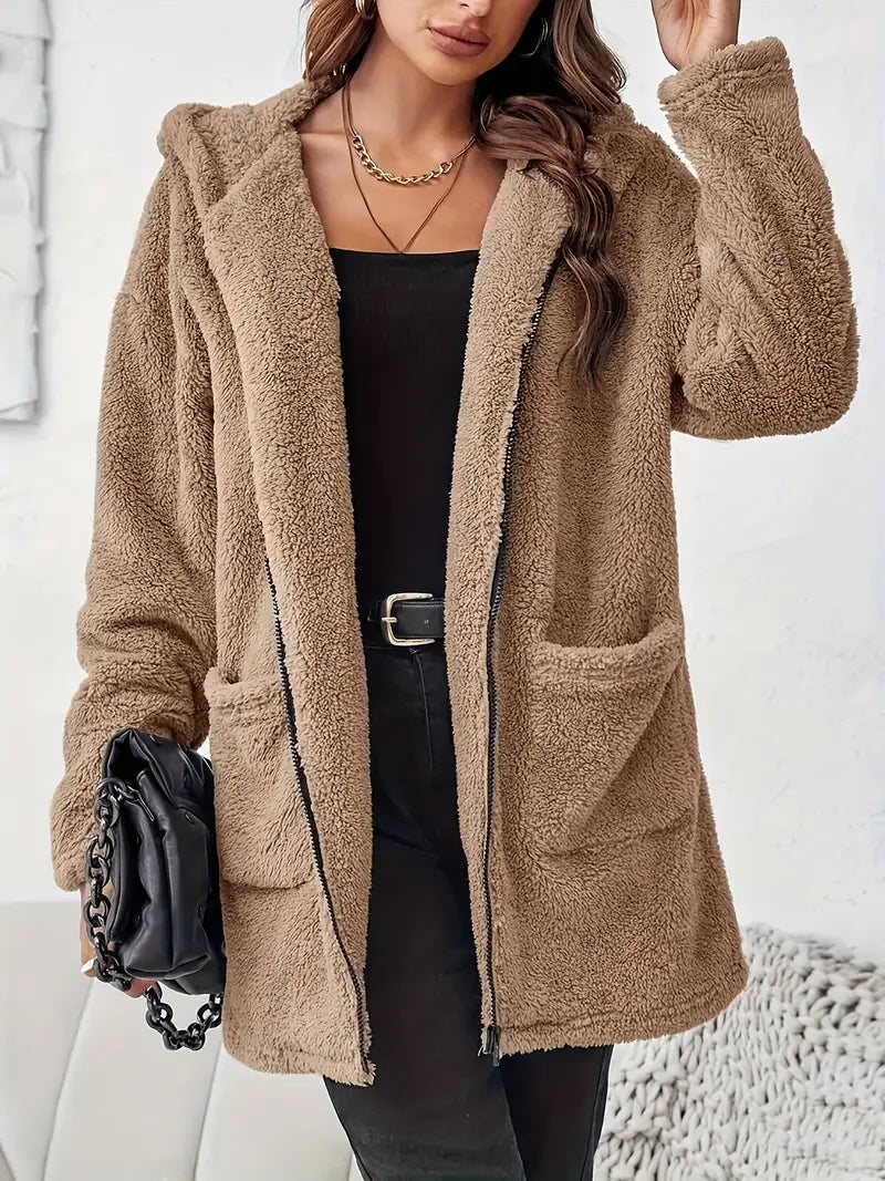 Women's Elegant Zipper Patch Pocket Long Sleeve Plush Hooded Coat