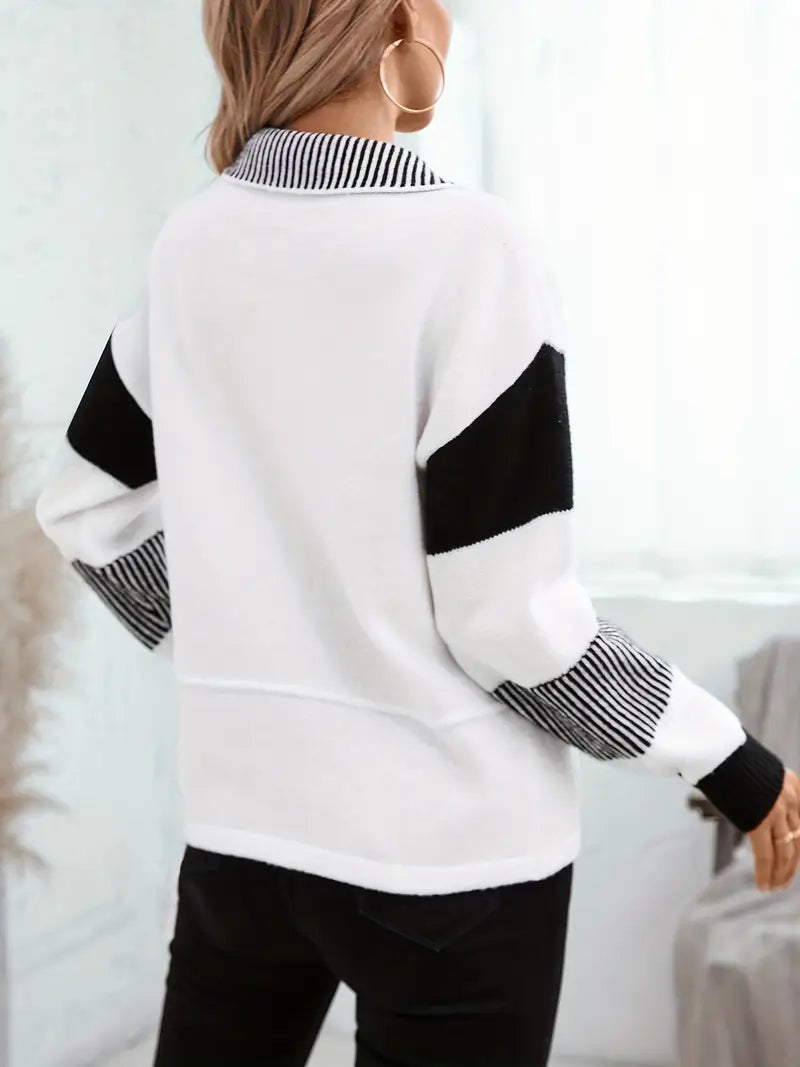 Women's Casual Knit Sweater with Color Block Stripes and Lapel Collar