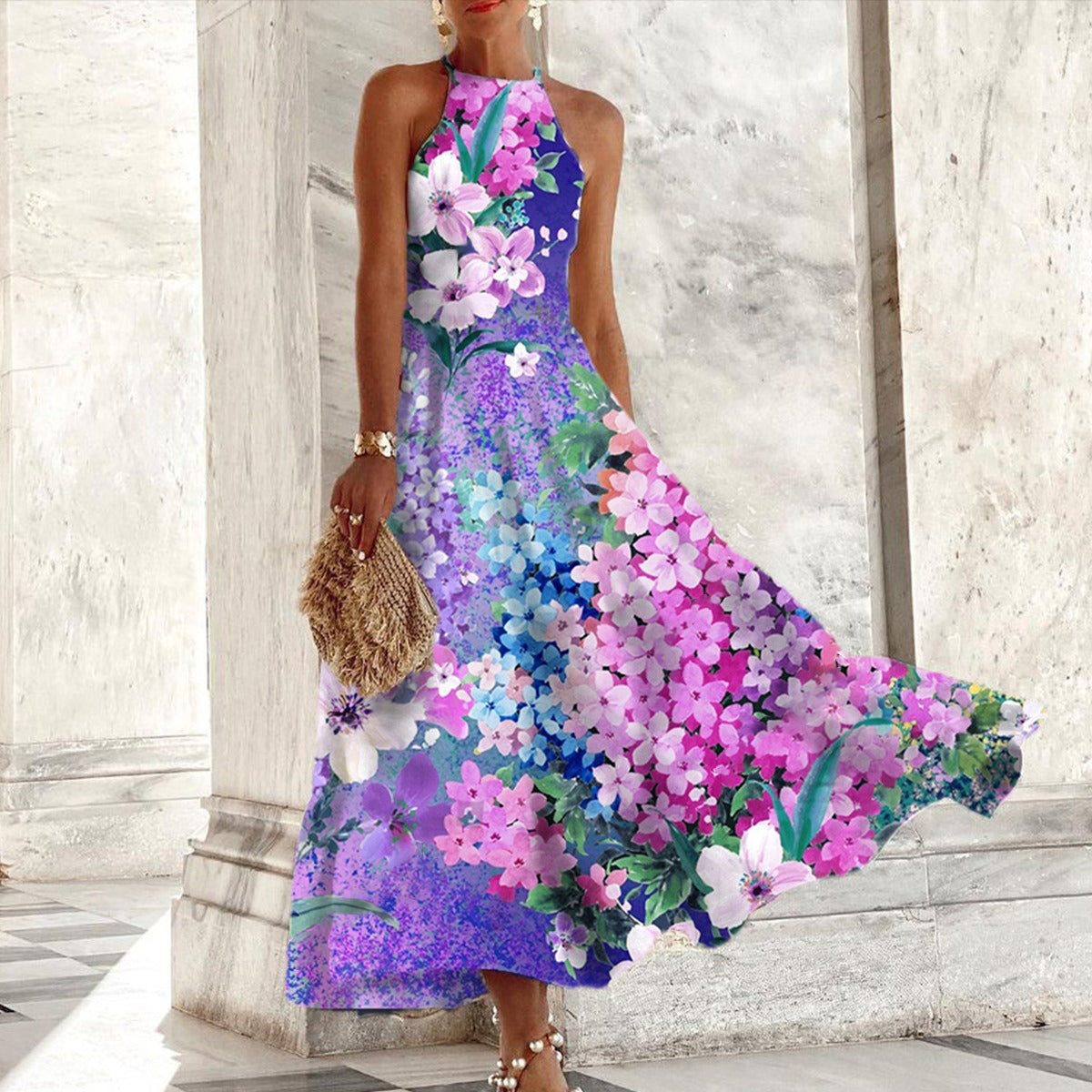 Popular Purple Floral Print Sleeveless Maxi Dress