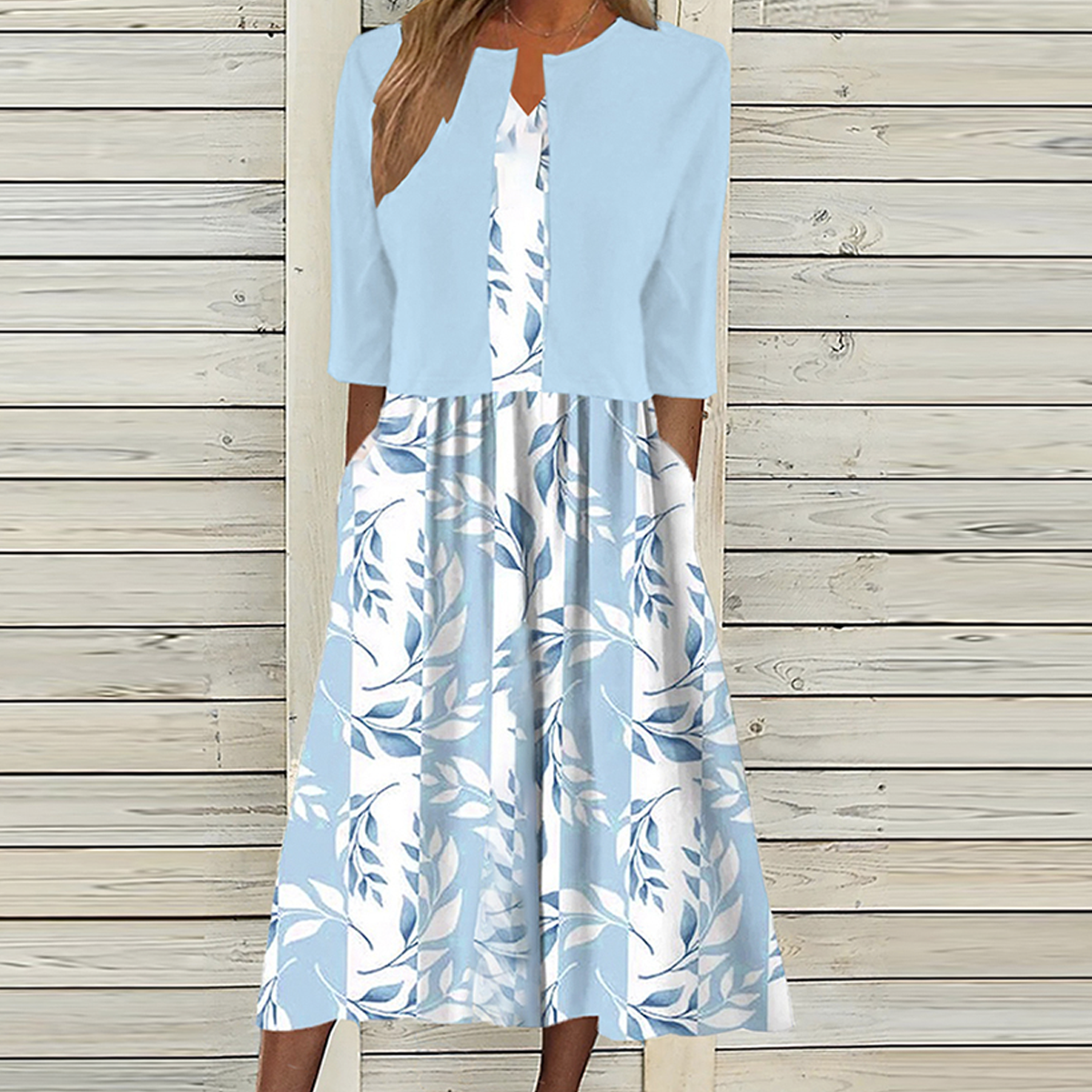 Unique Blue Plant Print Midi Dress With Jacket