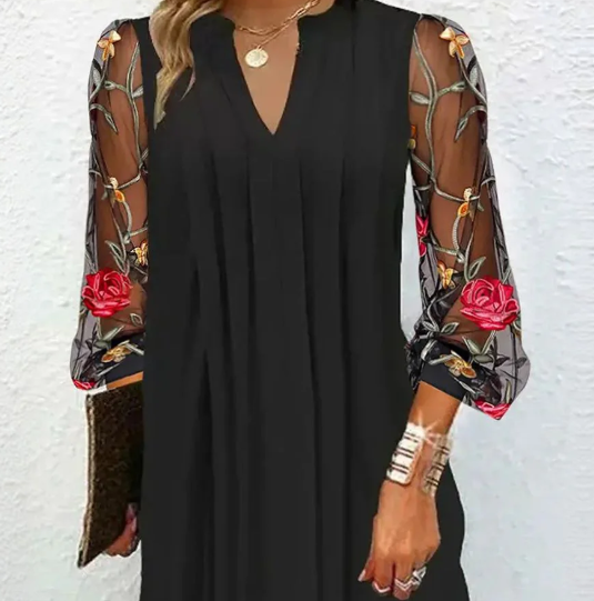 Elegant V-Neck Sheer Sleeve Mini Dress