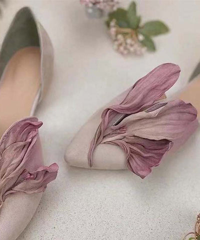 Handmade Pink Satins Flower Pointed Toe Flat Shoes