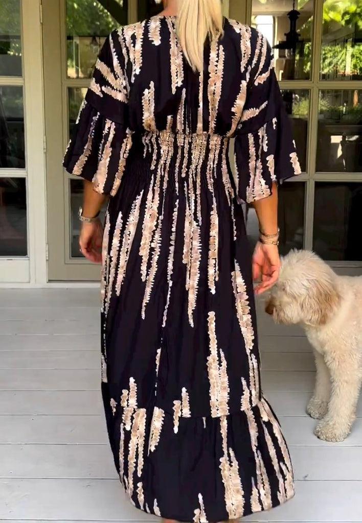 Retro 3/4 Sleeve Print Midi Dress